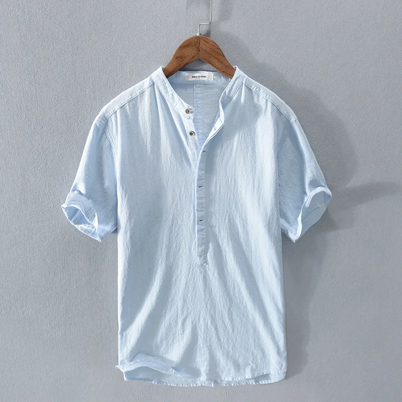 Men\'s Cotton Linen Shirt Short-sleeved Shirts Solid Color Pullover TEE Casual Simple Fashionable Tops  Jacquemus Moncler T Shirt