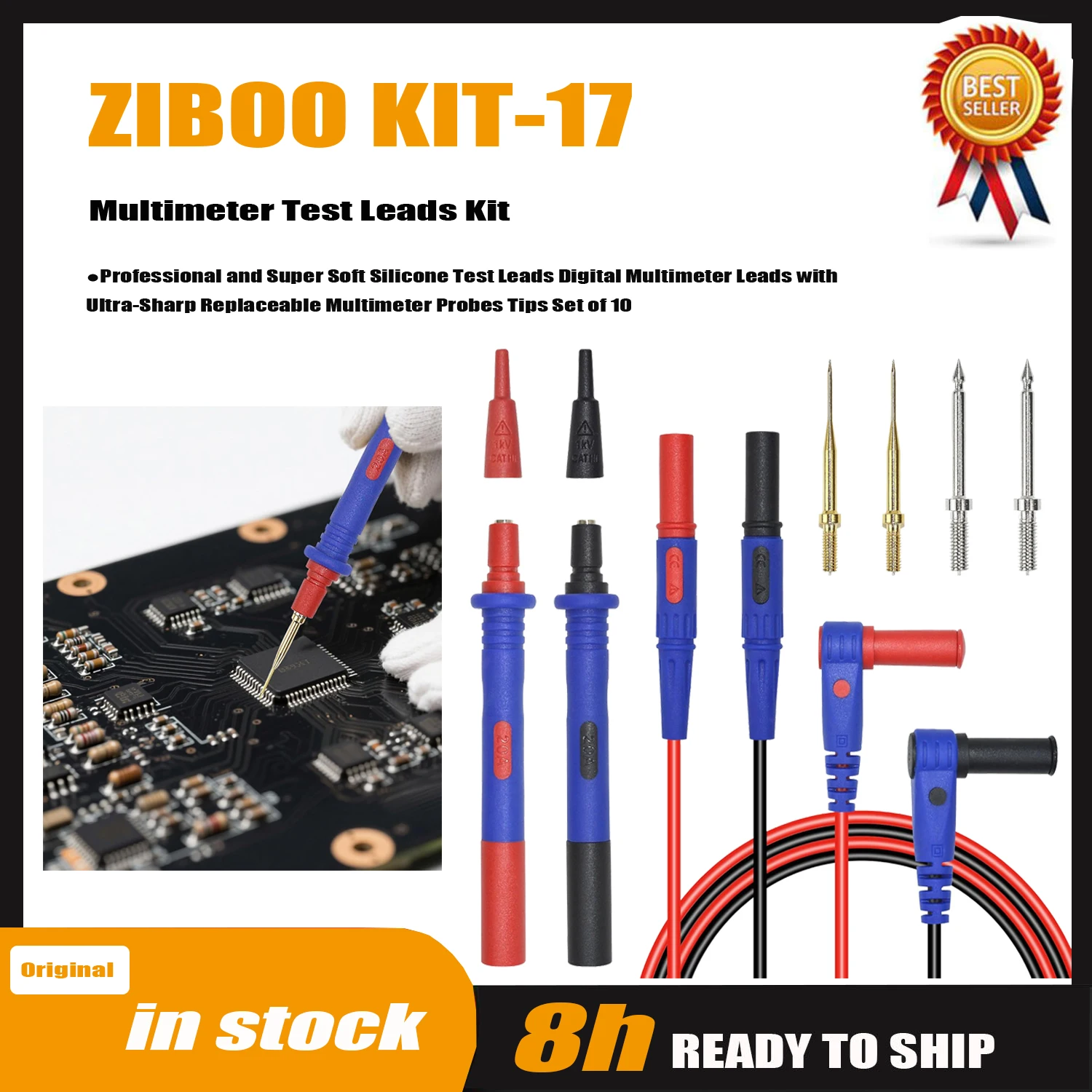 ZIBOO KIT-17 Multimeter Test Leads Kit, Professional and Soft Silicone Test Leads Digital Multimeter Leads with Ultra-Sharp.
