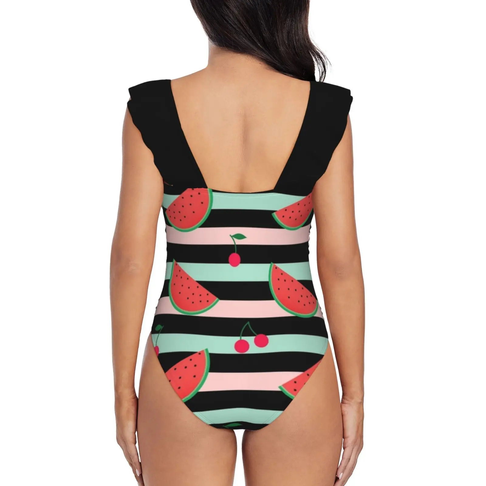 Pattern With Watermelon And Red Cherries On Striped The One-Piece Swimsuit Women Ruffle Bathing Suits New Girl Beach Swimwear