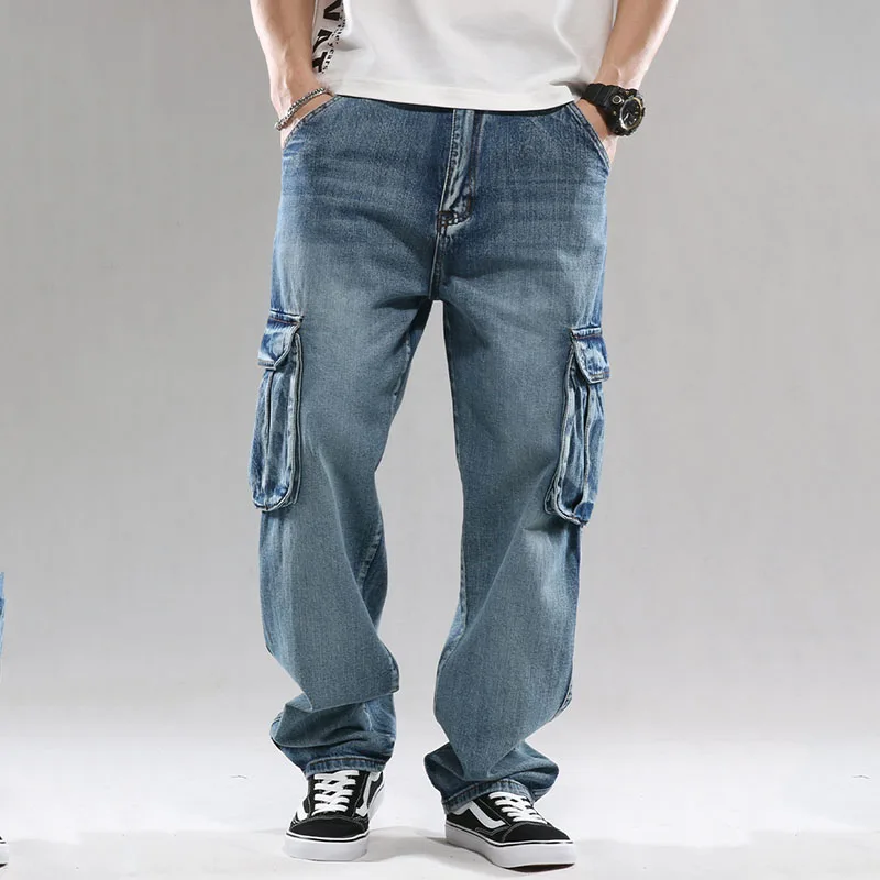 

Mcikkny Men Cargo Casual Washed Jeans Trousers Multi Pockets Straight Loose Denim Pants For Male Plus Size 30-46