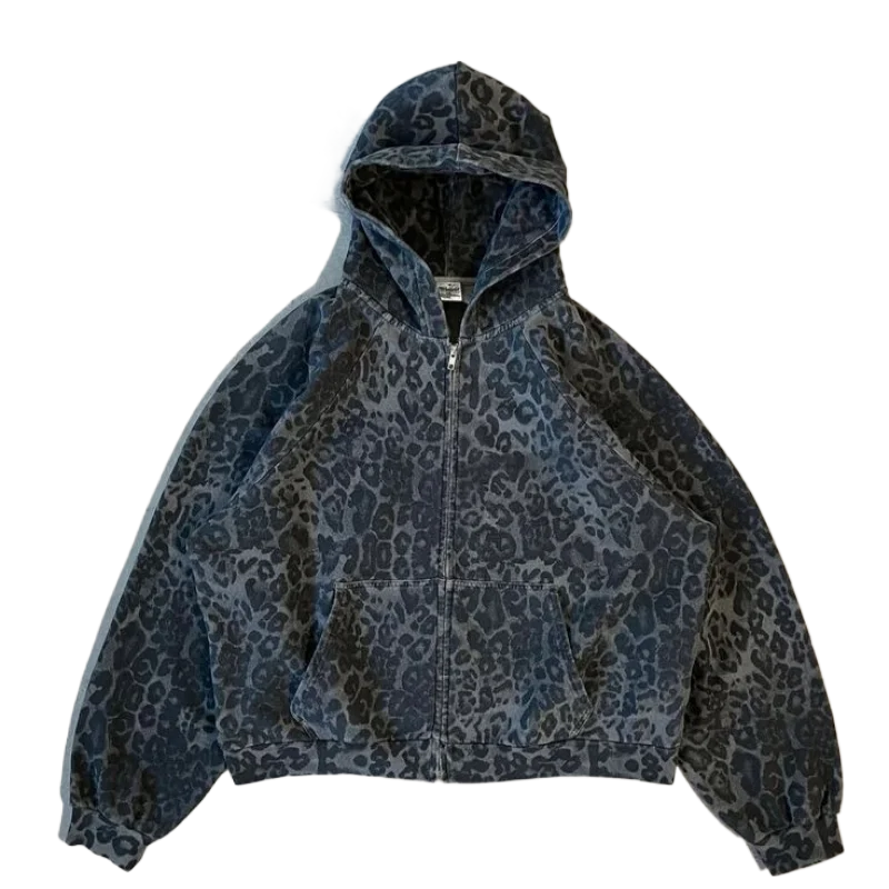 الأمريكية الرجعية ليوبارد طباعة سستة هوديي Y2K الملابس أزياء عارضة هوديي البلوز رجل إمرأة أزياء سترة