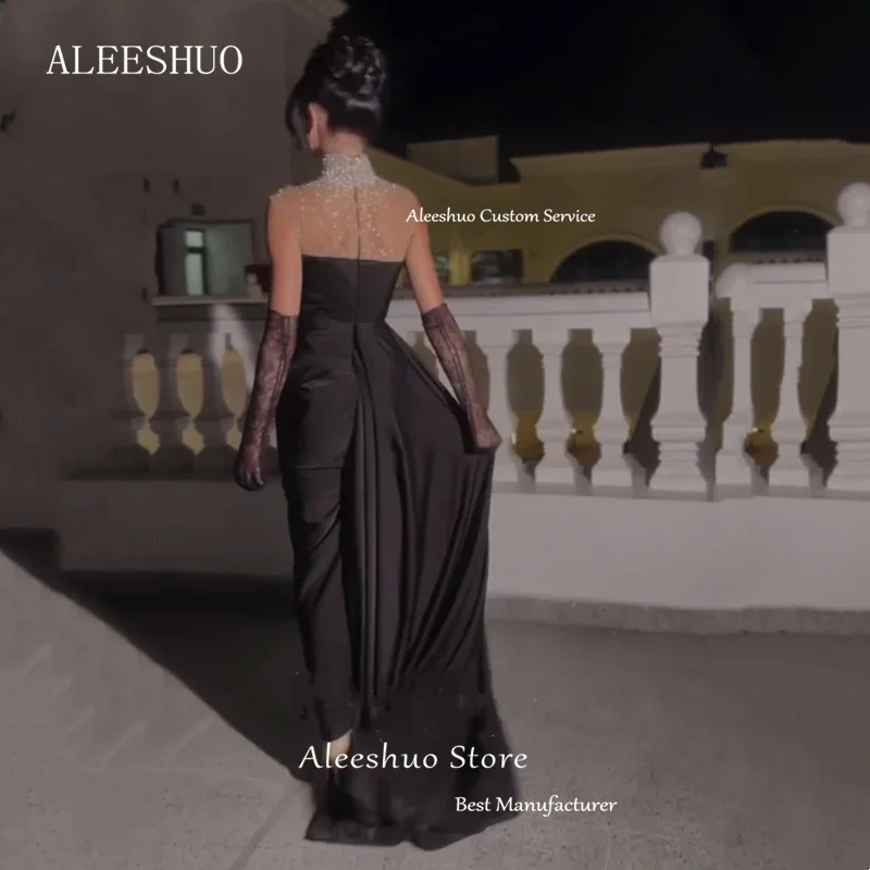 Saudi Arabia Black Mermaid Prom Dressess Sexy High Neck Sleeveless Evening Dress Pleat Shiny Beaded Crystal Opne Back Customized