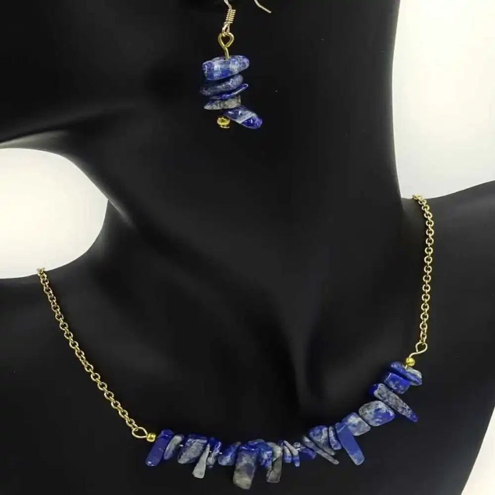 

Natural lapis lazuli gravel bracelet Earrings necklace Set Crystal Necklace Fashion Women Quartz Beads Gold Steel Cross