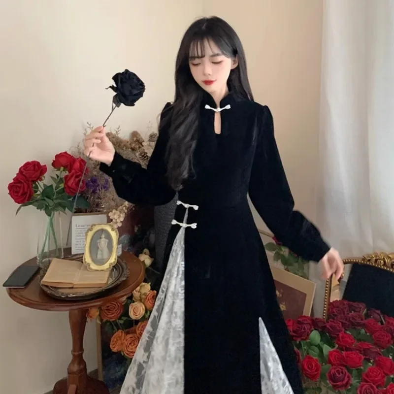 Long Sleeve Dresses Lace Spliced Autumn Winter Flattering Waist Slim Fit Velour Chinese Style Solid Square Collar Streetwear