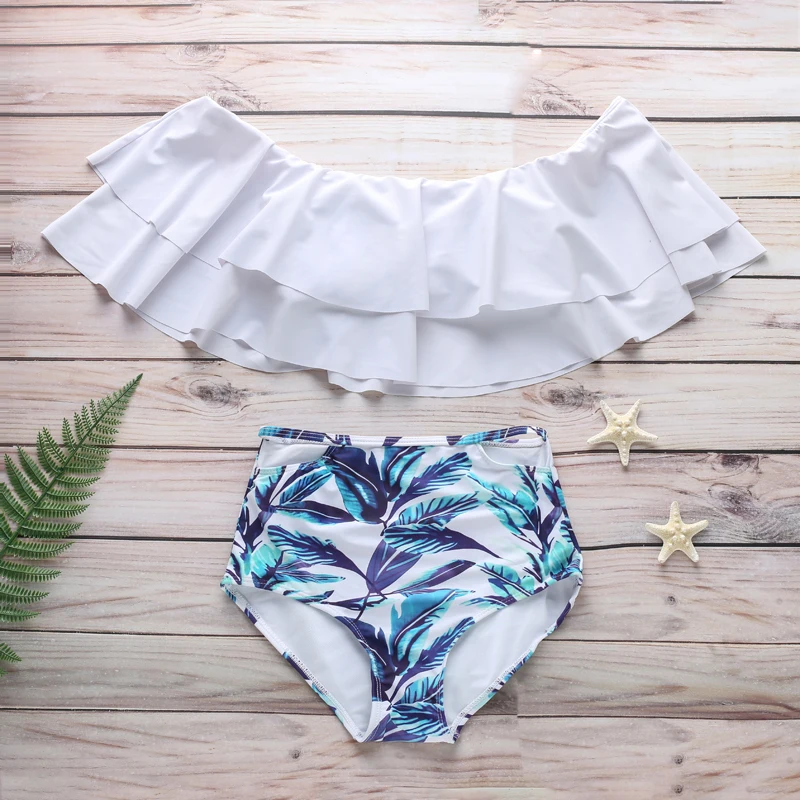 Fashion women swimsuit Leaf print bikini Ruffle edge bra swimwear push up bathing suits female beachwear high waist bikini sets