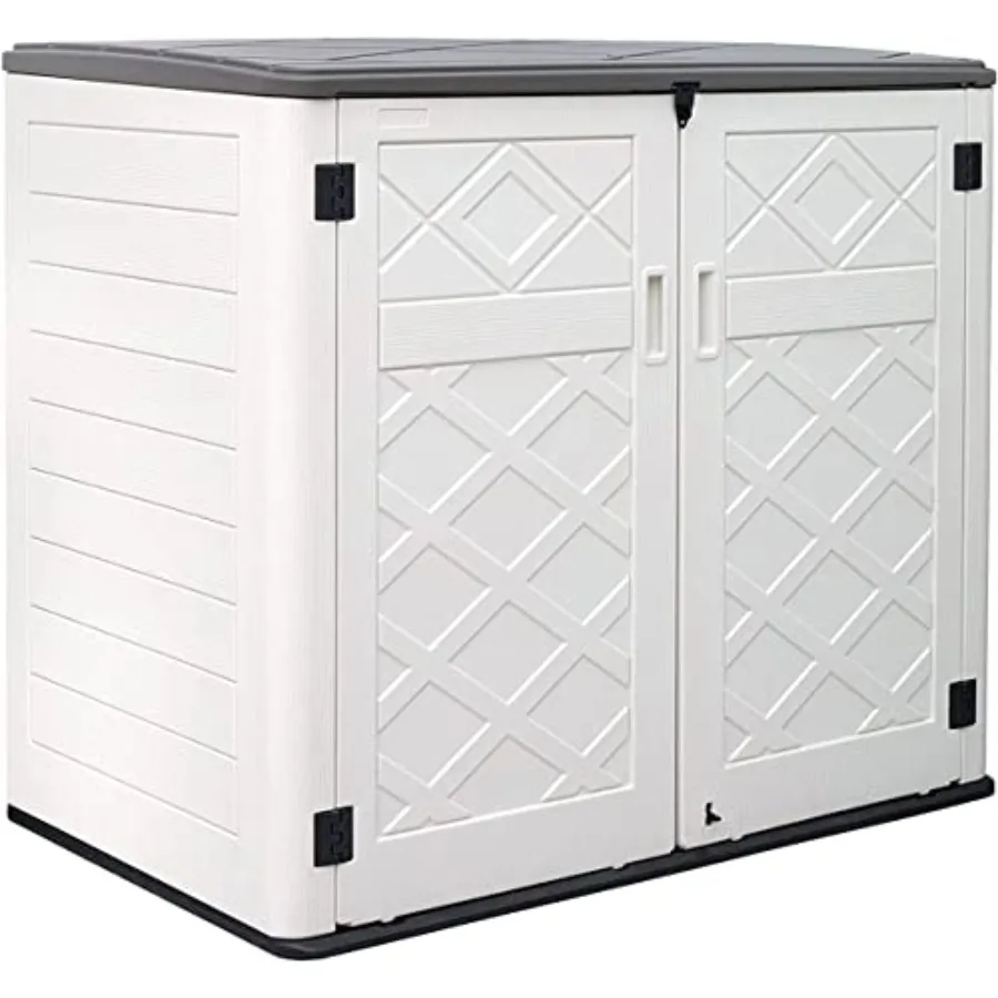 Outdoor storage shed for garden, patios, backyards; polyethylene material, gray color; weather-resistant, waterproof, 120-gallo