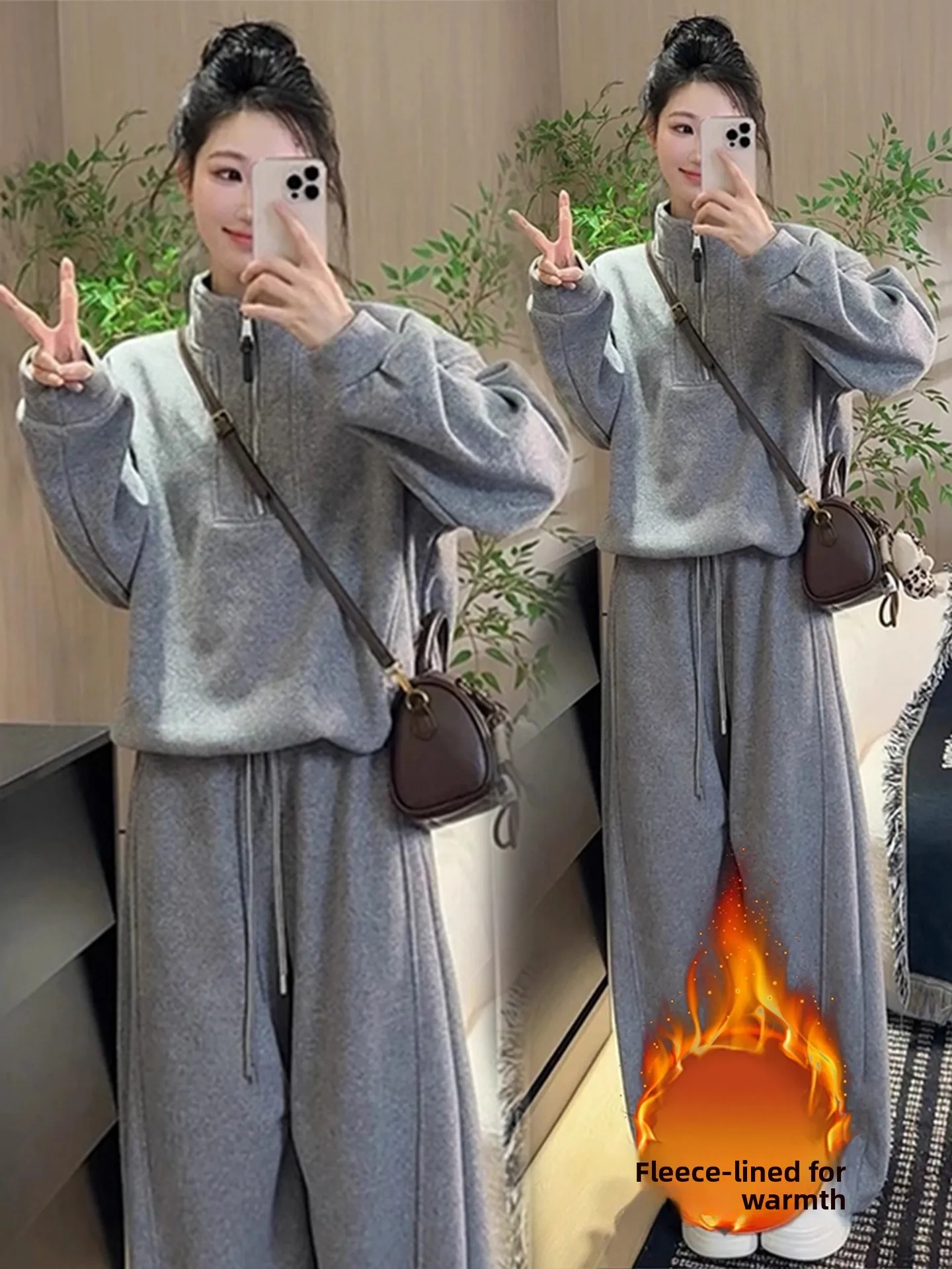 Damski komplet Thiened Fce na jesień i zimę, nowy, prosty i elegancki, bluza z wysokim kołnierzem na zamek i spodnie typu knife pants, dwuczęściowy zestaw.