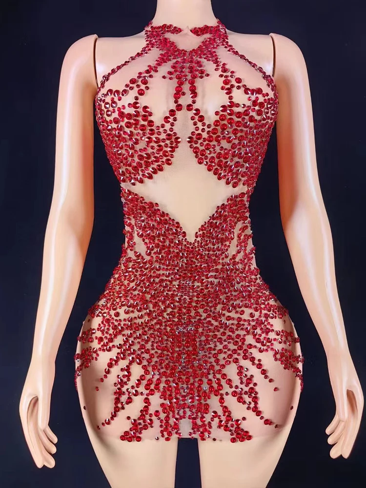 High Quality Rhinestone Sexy Mesh Hanging Neck Elastic Dress 2025 New Fashionable Custom Women'S Clothing