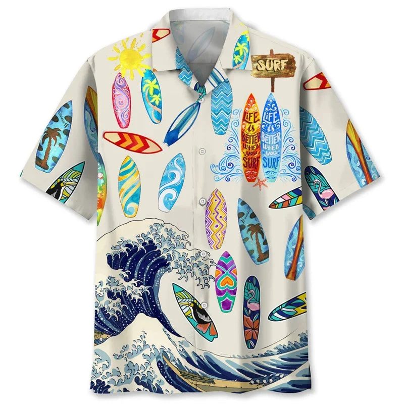 

Tropical surfing pattern Hawaiian shirt for men's summer beach 3D printed short sleeved cool street clothing top with lapel butt