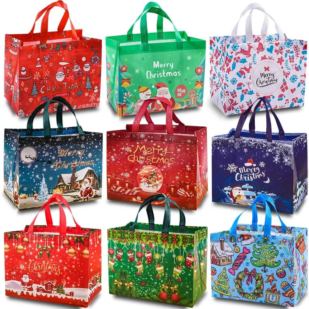 

9Pcs Christmas Gift Bags, Christmas Tote Bags with Handles, Reusable Non-Woven Shopping Bags for Xmas Gifts Wrapping Holiday Par