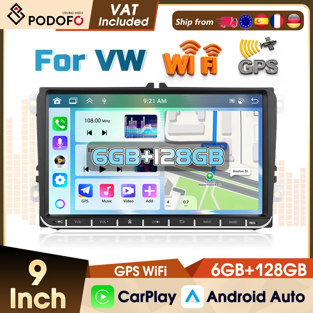 Autoradio Podofo 9" 6+128G per VW PASSAT GOLF POLO BORA, stereo con DAB, GPS, WIFI, FM, RDS, MirrorLink, lettore multimediale per auto