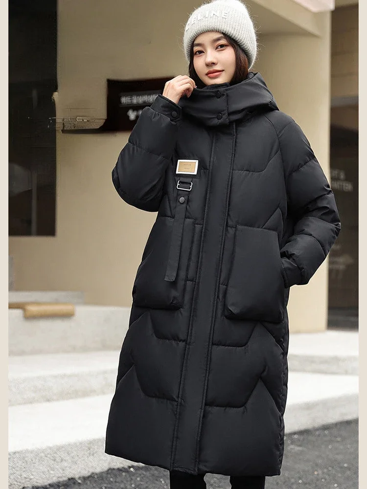 

Large Size Long Parkas Winter Warm Jacket Women's Clothing Pockets Zipper Thickened Windproof Windbreaker Long Sleeve Coat New