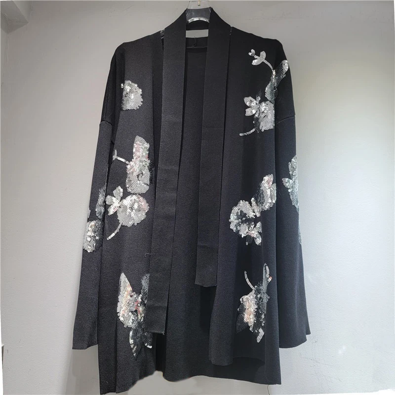 DEAT Women's Cardigan Loose Embroidery Sequins Flowers Casual Long Sleeve Knitted Sweaters 2025 New Autumn Fashion 29A2681