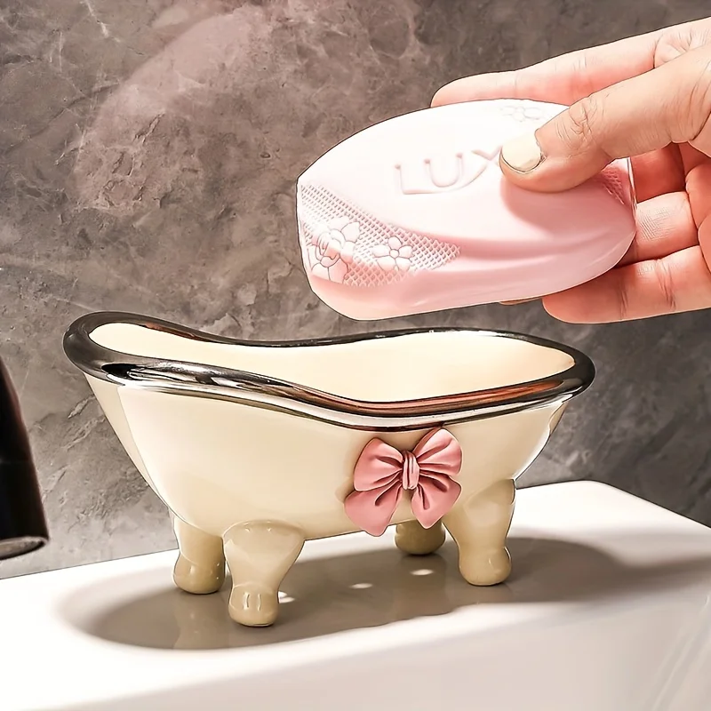 1 Stück Mini-Seifenschale in Badewannenform, bezauberndes Badezimmerzubehör mit dekorativer rosa Schleife