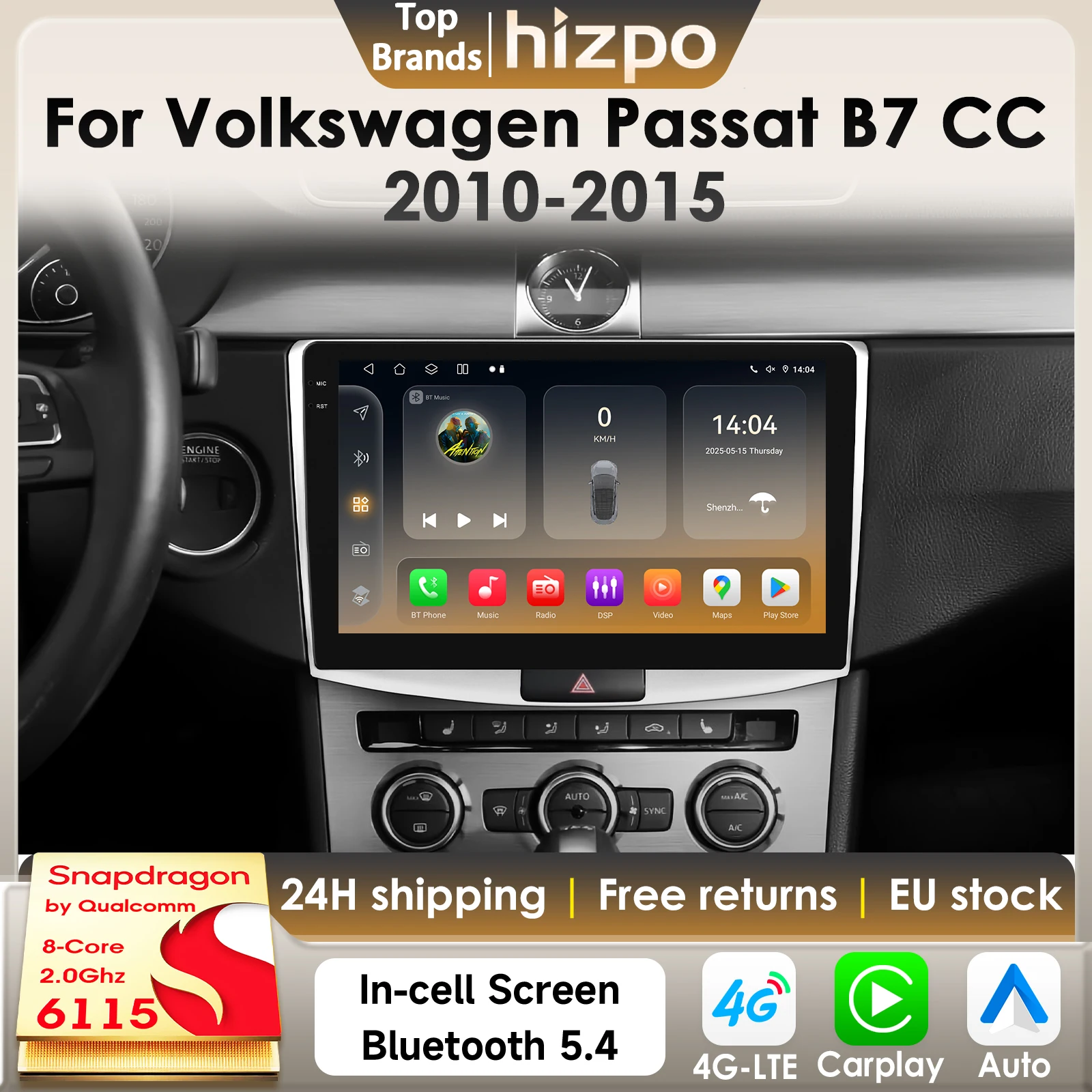 Hizpo 8G 128G 2Din Android 14 Autoradio für Volkswagen Passat B7 CC 2010-2015 AI Auto-Multimedia-GPS 4G Carplay mit Snapdragon6115