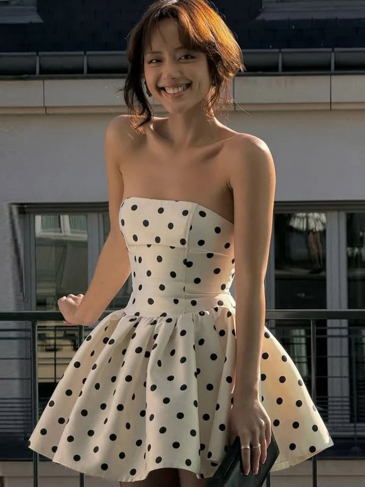 

Strapless Tube Dress For Women Summer Clothing A Line Ball Gown Vestidos De Mujer Dot Print White Club Outfits Bow Tie Y2k Dress