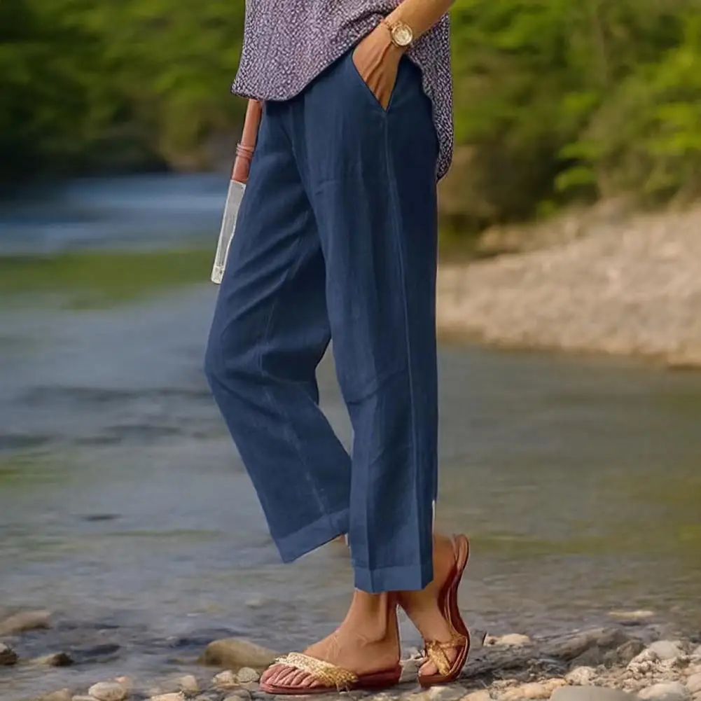 Frauen Baumwolle Leinen Hosen Casual Lose Feste Elastische Taille Tasche Gerade Hosen Damen Oversize Breite Bein Hose Streetwear