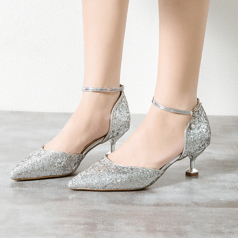 Korean Summer Sequin Cloth High Heels Glitter Bling Women's High Heels Hollowed-out Shoes Lace-back Pointed-toe Slip-on Sandals