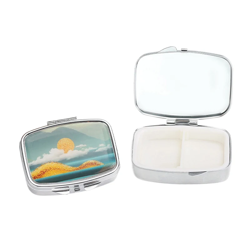 Portable 2 Cell Folding Metal Pill Boxes Square Pill Boxes Medicine Organizer Container Medicine Case Splitters Pill Candy Box