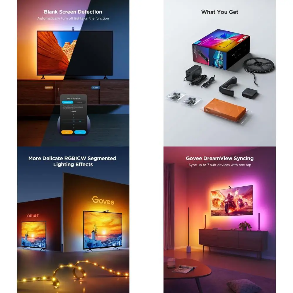 

7.8ft RGBICW Wi-Fi LED Strip Lights for 40-50 Inch TVs, Fish-Eye Correction, 4 Colors, Voice & APP Control, Adapter Included