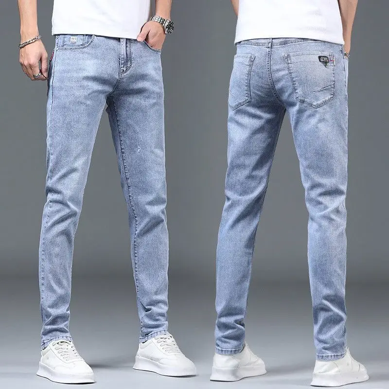 Pantalones de mezclilla elásticos para hombres, Jeans ajustados de lujo, azul lavado, moda coreana, informal, sólido, Delgado, primavera y otoño, nuevo