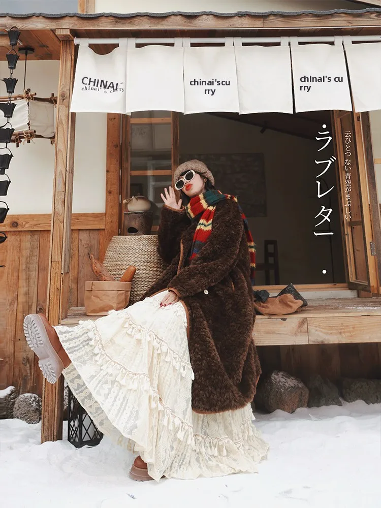 

Double-Sided Wear Brown Coffee Faux eepskin Coat Women's Mid-Length Winter Jaet McXu Deer Diary Retro Sle Cotton Clothes