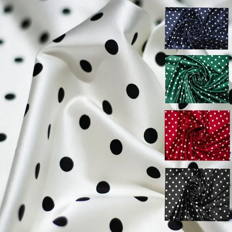 Stretch Silk Satin Fabric 108CM Wide 19MM 90% Silk & 10% Spandex Dots Print Dress Shirt Summer Green Black Silk Fabric Y065