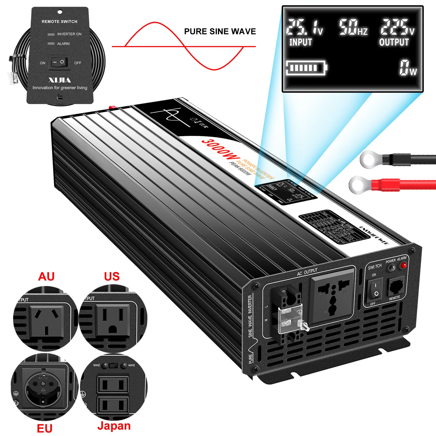 1500W 2000W 2500W 3000W inversor de energía solar de onda sinusoidal pura 12V/24V/48V CC a 110V 220V AC pantalla LCD