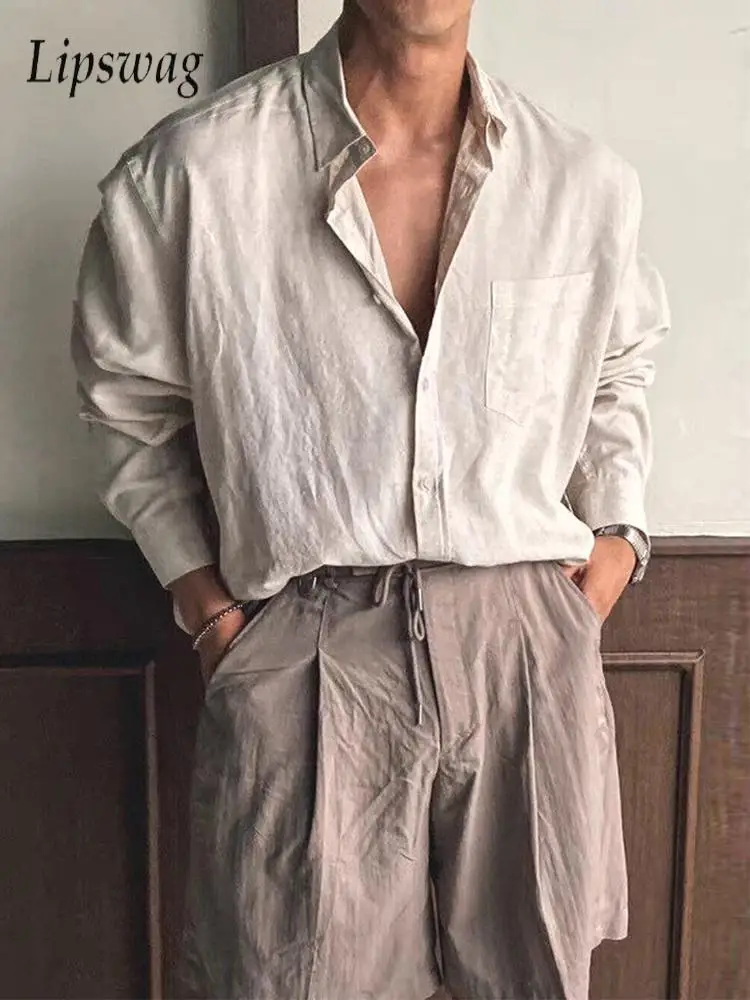 

Новые повседневные дышащие мужские рубашки с длинным рукавом и отложным воротником на пуговицах, винтажная рубашка, мужская весенне-осенняя модная однотонная рубашка