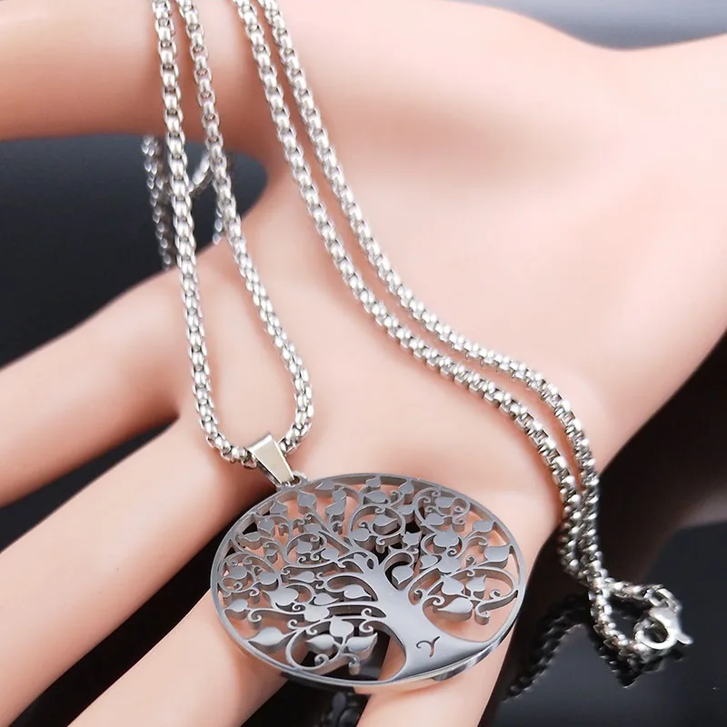 Tree of Life Pendant Stainless Steel Necklace Silver Color  Women Men Amulet Neck Chain Jewelry collar arbol de la vida N11S01