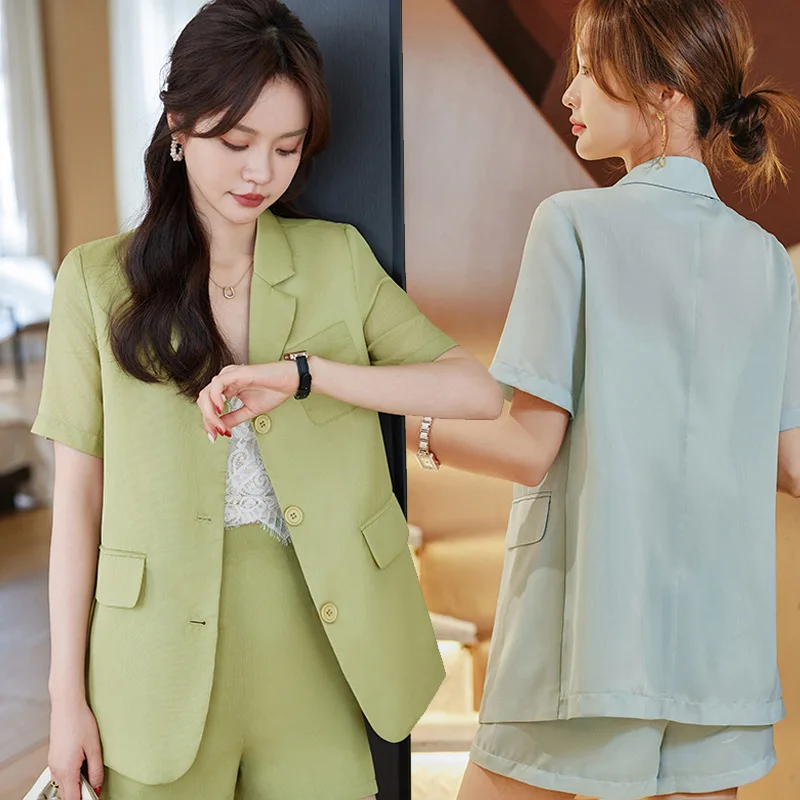 

2023New Internet Celebrity Small Retro Light Blue Suit Shorts Suit Women's Spring and Summer Short Sleeve Thin Coat