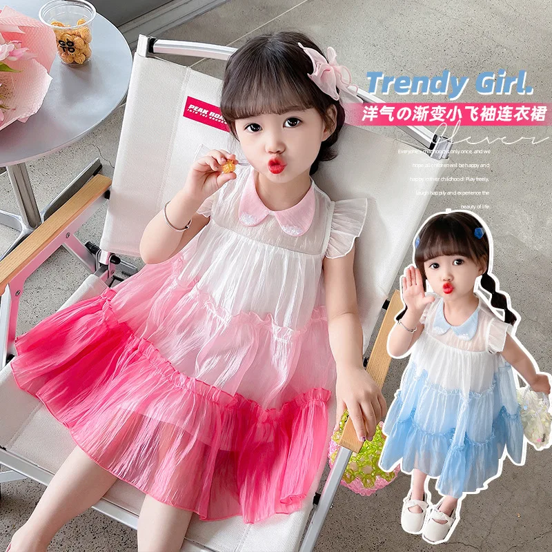

Girls' Gradient Color Flutter Sleeve Dress Summer New Fashion Baby Girl Sweet Cake Dress Princess Dress
