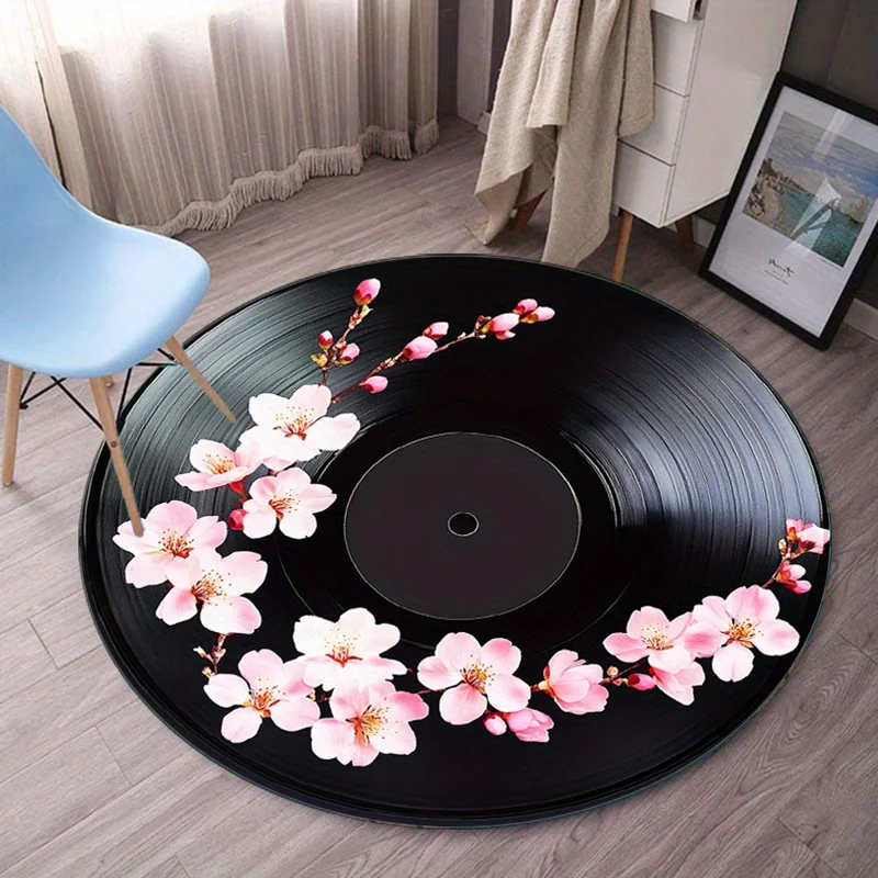 Vinyl record cherry blossom round rug crystal velvet floor mat music lover decor retro style living room bedroom carpet