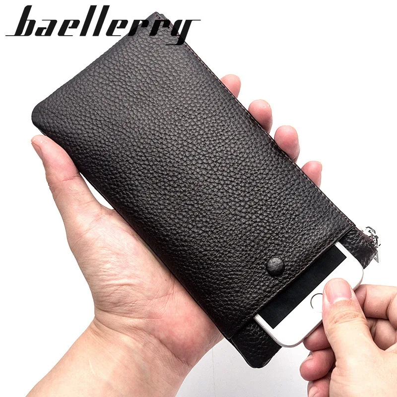 Baellerry Men's Business Wallet Long Genuine Leather Money Handbag Mobile Phone Card Holder Men's Gift for Father Son Husband