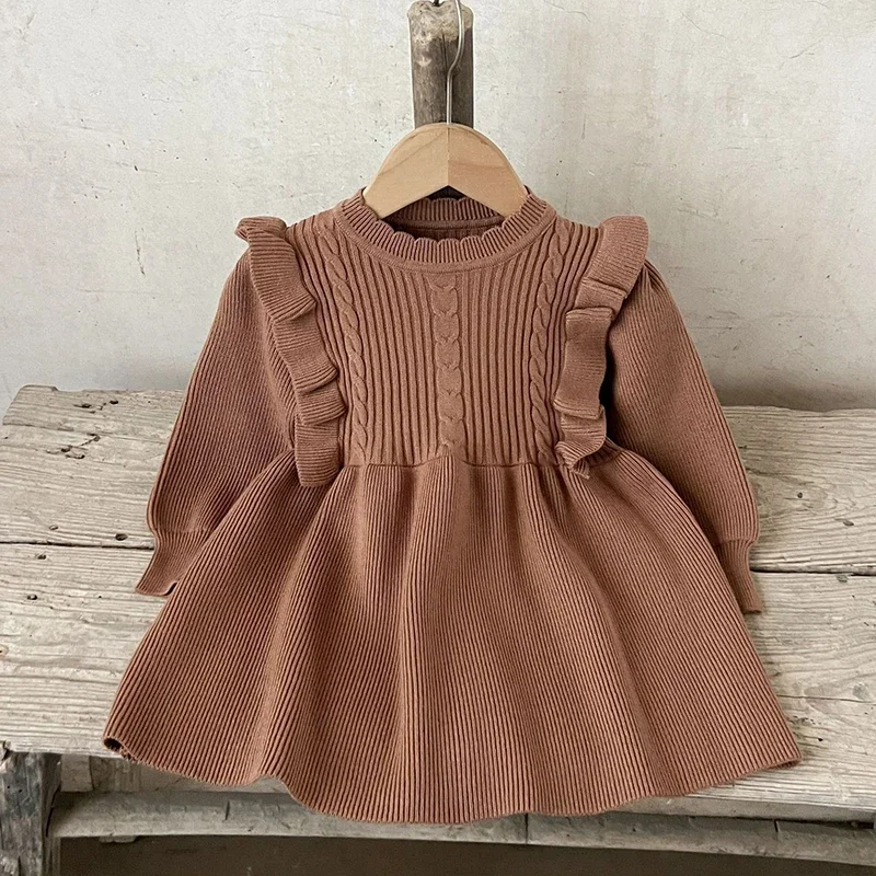 

2024 New Autumn Baby Girl Party Dress Long Sleeves Solid Solor Knitting Kids Princess Dresses Children Knitting Clothes