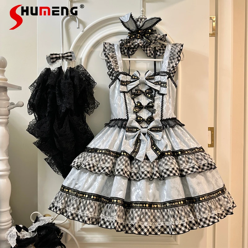 

Japanese Sweet Cute Lolita Dress Sleeveless Square Neck Bow Lace Plaid Splicing High Waist Kawaii Cake Short Jsk Dress for Women