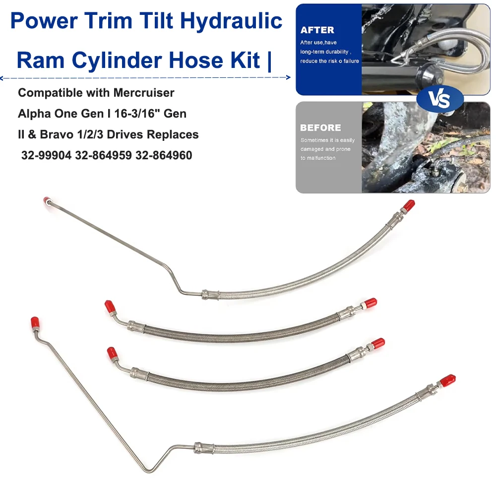 32-864960 Trim Tilt Hydraulic Ram Cylinder Hose Kit Fits Mercruiser R MR Alpha One Gen 1 2 Motor Replace OEM 32-864959 32-99904Q