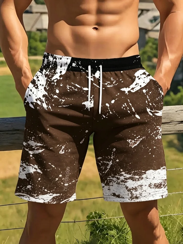 Men's splashed ink spot 3D printed beach shorts with elastic drawstring and pocket, summer casual sports shorts
