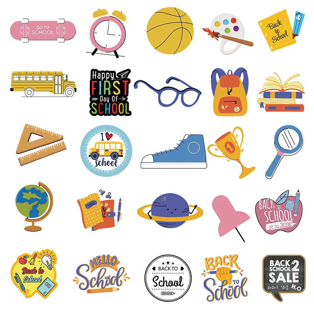 50pcs Back to School Kids Stickers Funny Cute Cartoon Water Bottle Sticker Laptop Luggage Guitar Waterproof Vinyl Car Decals