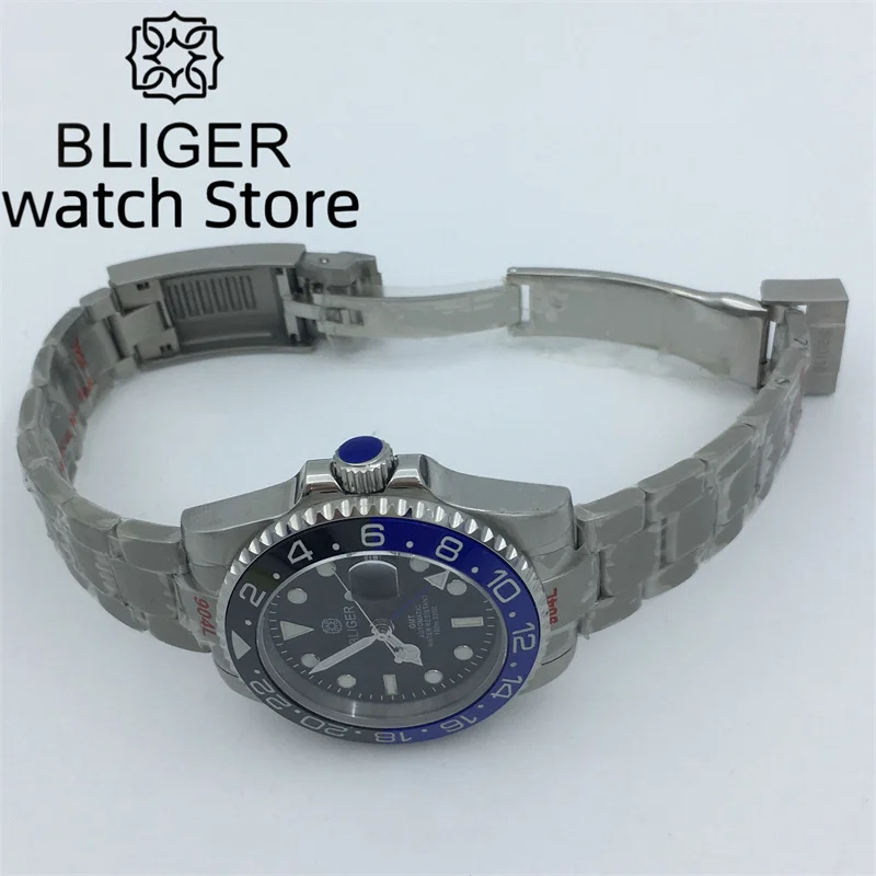 BLIGER-Black Dial relógio esportivo automático para homens, relógio de mergulho de natação, pulseira de aço escovado, data lupa, 40mm, NH34A, NH34, GMT
