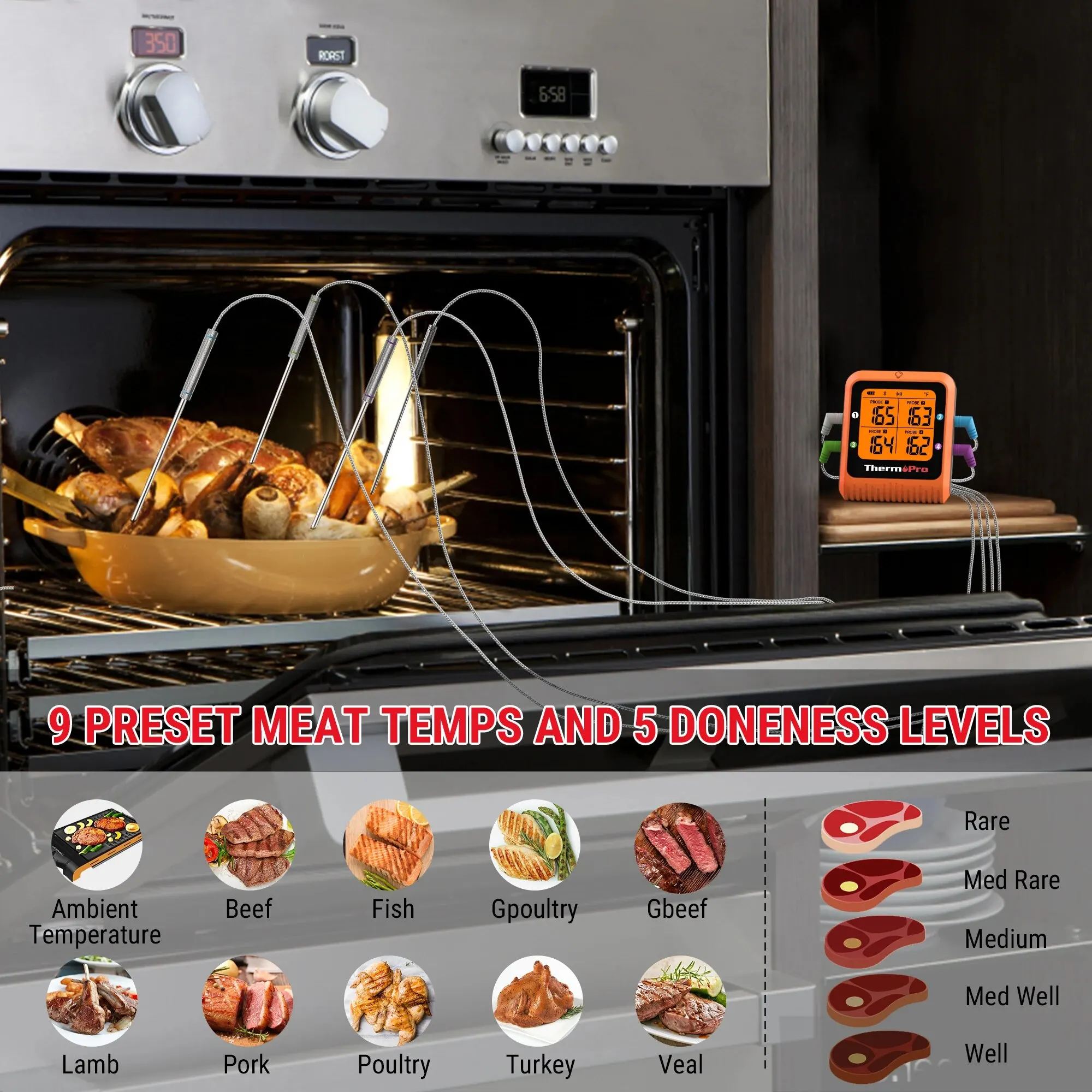 ThermoPro TP930 200M Wireless Remote Bluetooth Kitchen Digital Thermometer with 4 Probes for Grilling Meat Oven BBQ Cooking