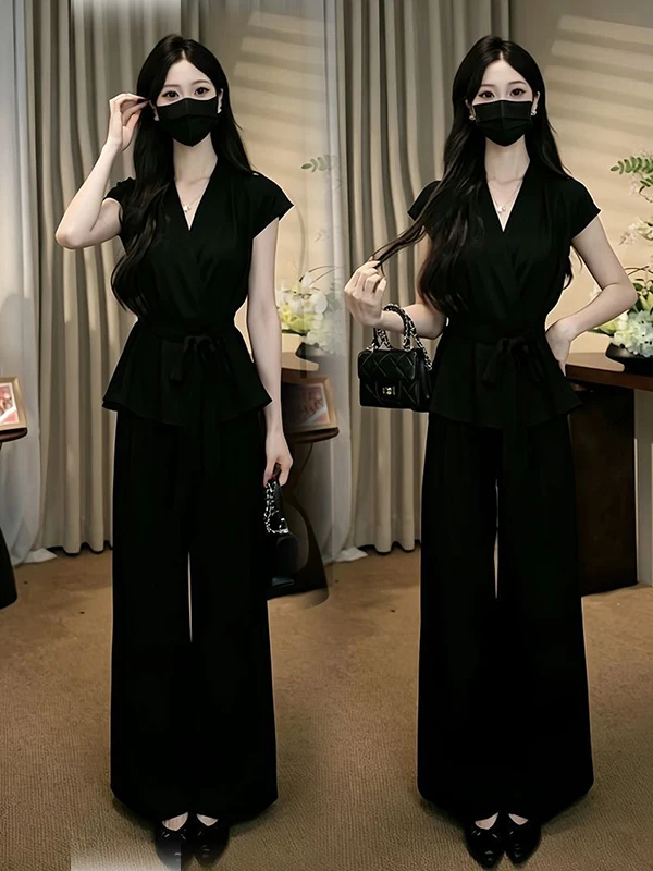 Summer 2026 Women's Fashion Set Wide Leg Pants V-neck Short Sleeve Belted Waist Straight Cut Two-piece Suit Work Commute Style