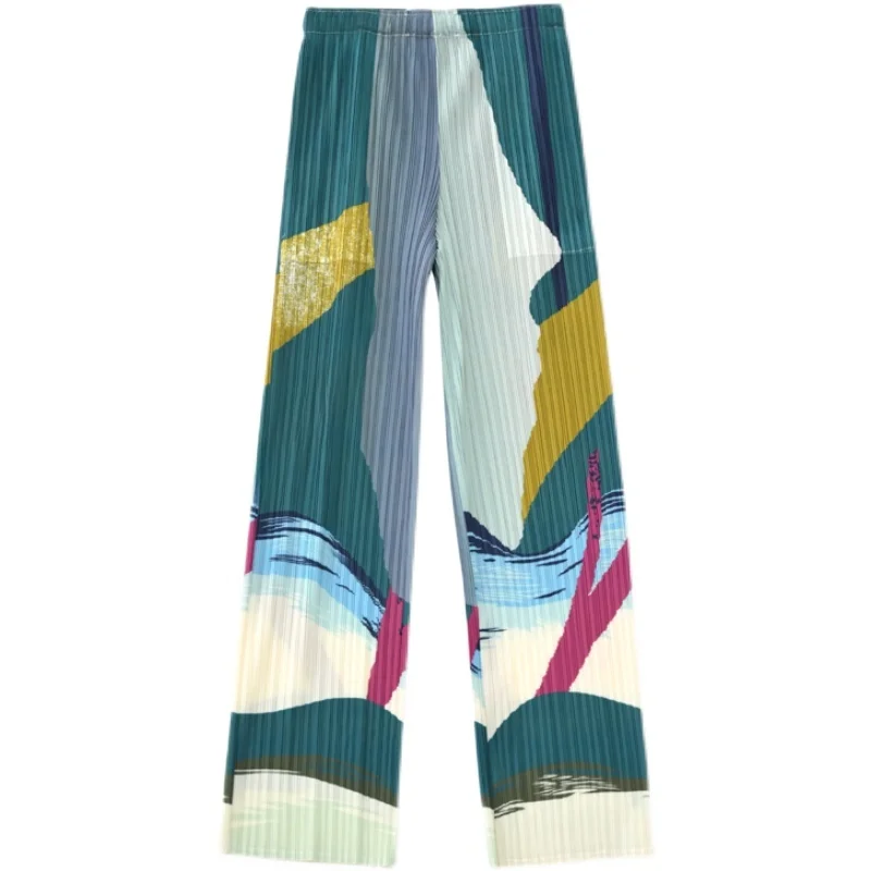 Pantalon plissé haut de gamme pour femmes, amincissant, ample, imprimé Floral, jambe droite, décontracté, coréen, été, 2023