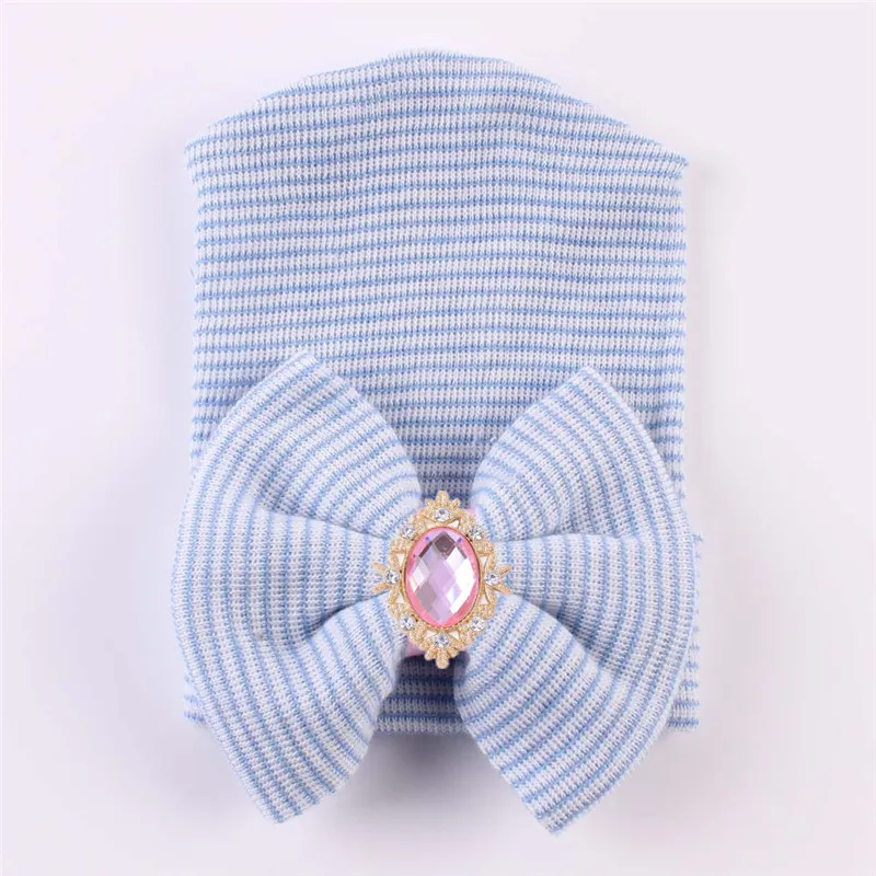 Newborn Baby Hospital Hat Soft Cotton Cute Big Bow Beanie Cap Stripe Infant Hat