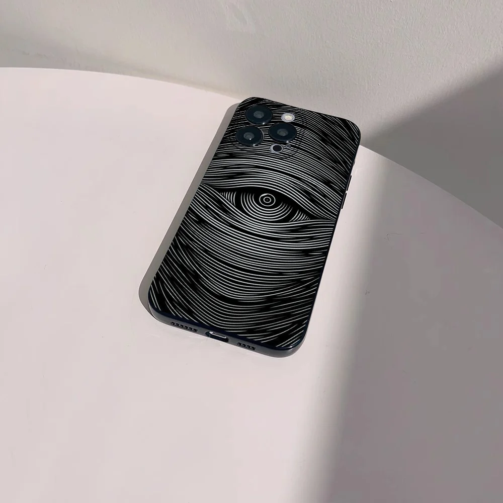 Black Scary Ghost Eye Line Art Phone Case For IPhone 16 15 14 13 Pro Max 11 12 Mini X Xs XR Se 2022 Black Silicone Cover