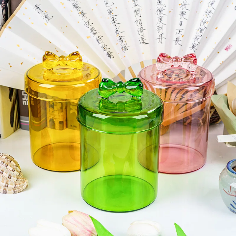 

Bow Glass Storage Jar Color Transparent Sealed Jar Desktop Dustproof and Moisture-proof Storage Jar Kitchen Storage Supplies