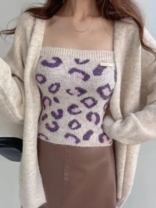 

Осень-зима, утягивающий универсальный жилет с леопардовым принтом, свободный мягкий свитер, кардиган, комплект, женский модный удобный сгусток...