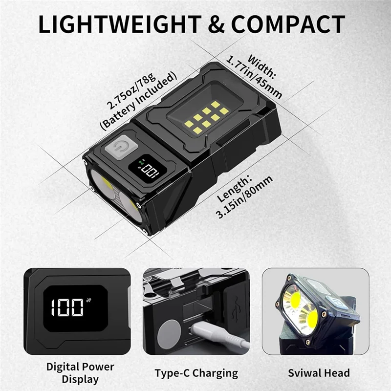ABKS-Rechargeable Mini Work Light Swivial LED Flashlight 800 Lumens, EDC Clip-On Design With Back Clip