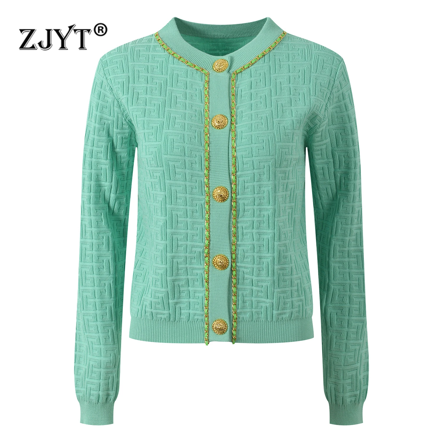 

ZJYT Autumn 2025 O Neck Chain Patchwork Knitted Cardigans Women Long Sleeve Knitting Sweater Tops Knitwears Jersey Mujer Casual