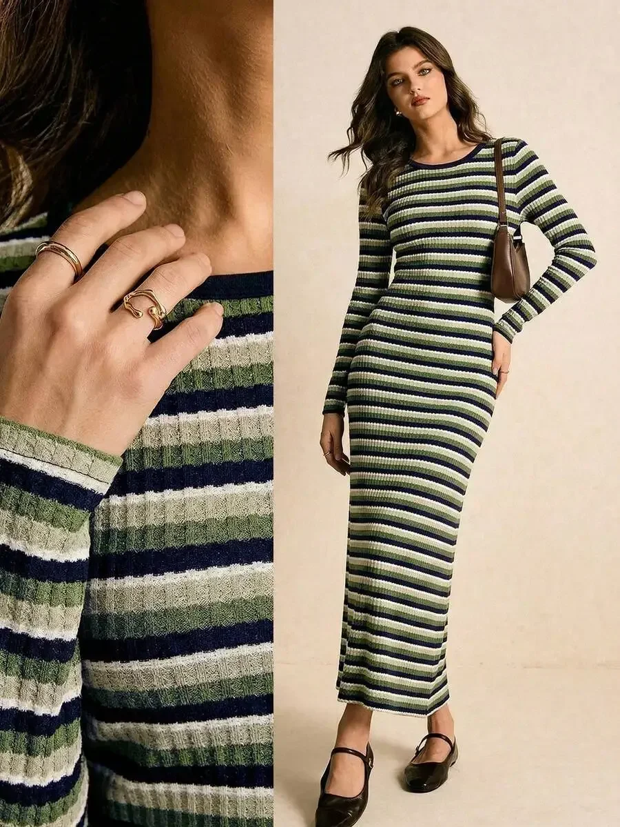 

Womens Knitted Striped Long Sleeve Maxi Dress Casual Bodycon Fitted Dress